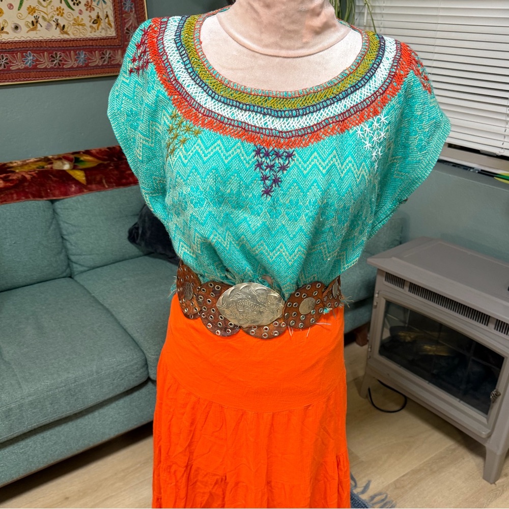 Vintage Teal green Orange & tan Aztec western fringed embroidered crop Top S/M